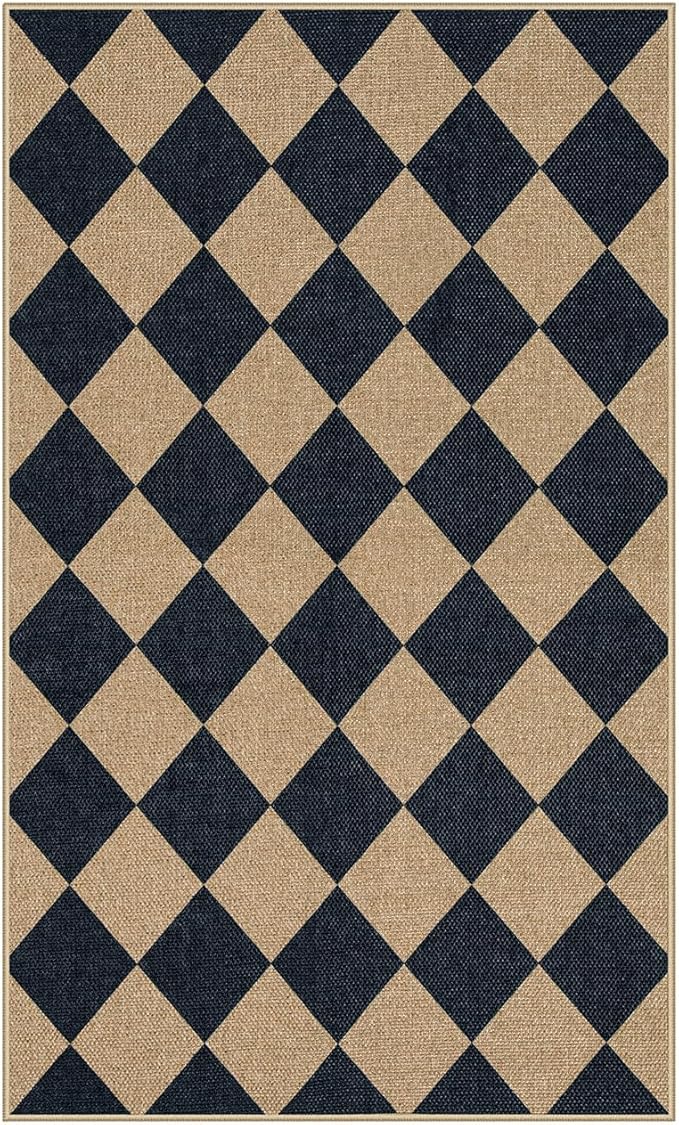 Lahome Checkered Easy Jute 3x5 Outdoor Patio Rug, Washable Rugs for Entryway Diamond Indoor Outdoor Living Room Carpet, Farmhouse Neutral Non Slip Black Door Carpet for Backyard Bedroom-Ruum Studio Home