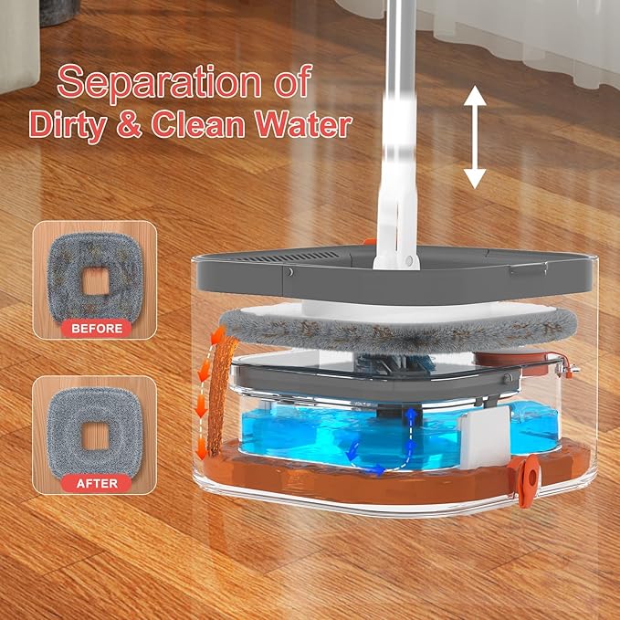 Mop and Bucket Set, Spin Mop with Self Seperates Dirty Water System, Square Mops for Floor Cleaning, 360 Rotating Foldable Standing Mop Head, Versatile Mops for Walls (Mop Bucket with 6 Pads)-Ruum Studio Home