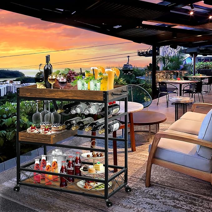 Bar Cart for The Home, 3 Tire Industrial Rolling Serving Cart on Lockable Wheels, Alcoholic Beverage Trolley with 2 Removable Trays, Wine Rack and Glass Holder for Indoor, Outdoor-Ruum Studio Home