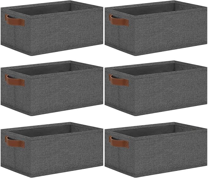 GhvyenntteS Small Fabric Storage Bins 6 Pack, 11.8" x 7.87" x 5.11" Storage Basket with Leather Handles, Closet Storage Bins for Shelves, Storage Baskets for Shelves, DVD Storage (Grey)-Ruum Studio Home