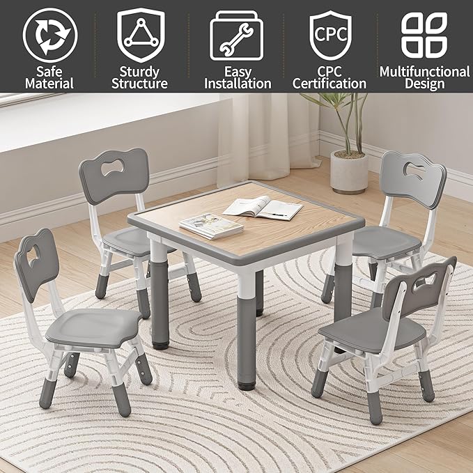 Kids Table and Chairs, Height Adjustable Childrens Table and Chair Set, Kids Tables for Age 2-8, Graffiti Desktop, Table for Kids with 2 Seats, Small Kids Table, Max 300lbs, Grey-Ruum Studio Home