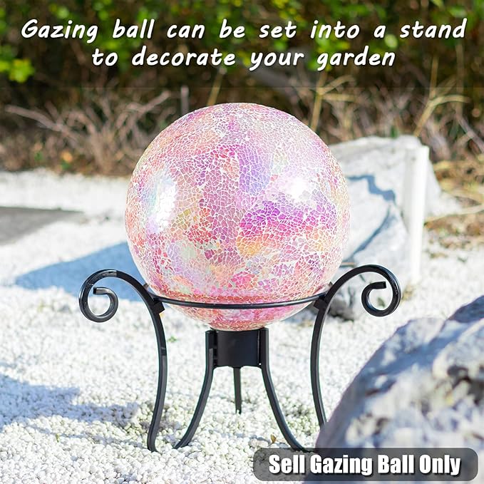 VCUTEKA Gazing Ball, Iridescent Crackled Glass Mosaic Gazing Balls Sphere for Garden Lawn Outdoor Ornament Yard Decorative, 10-Inch, Pink-Ruum Studio Home