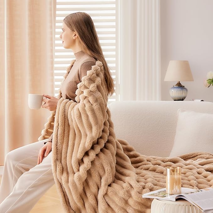 NEWCOSPLAY Super Soft Twin Blanket Brown Premium Silky Flannel Fleece 3D Ribbed Jacquard Lightweight Bed Blanket All Season Use (Brown Ribbed, Twin(60"x80"))-Ruum Studio Home