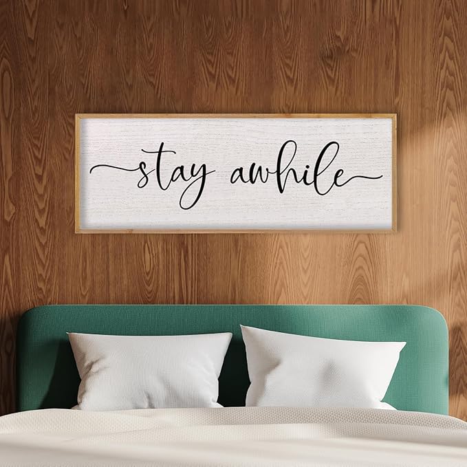 LuZhiQiang Stay Awhile Home Sign Wall Decor 40"X15" Large Solid Wood Frame For Hallway Living Room Entryway Wall Art Hanging (Wood)-Ruum Studio Home