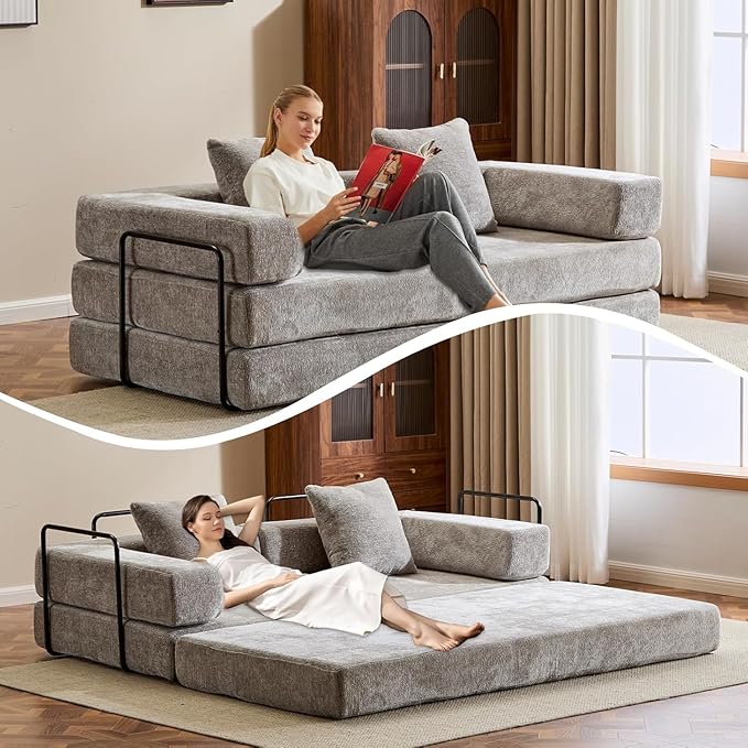 Convertible Sleeper Sofa Bed, Compression Folding Sofa with Pillow, No Assembly Required, Shape Frame, Floor Sofas Lounge Couchs for Living Room, Bedroom, Small Spaces(Chenille, 77''W, Light Grey)-Ruum Studio Home