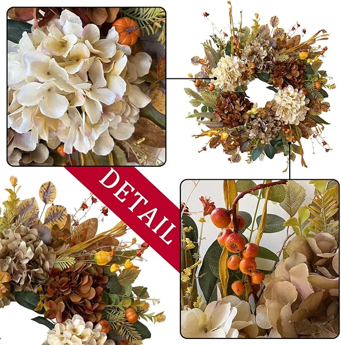 WANNA-CUL 24 Inch Fall Wreaths for Front Door with Hydrangea,Little Pumpkins-Fall Decorations for Home,Fall Door Wreath Decor for Autumn,Harvest, Halloween or Thanksgiving-Ruum Studio Home