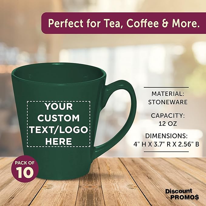 DISCOUNT PROMOS Custom Glossy Ceramic Latte Coffee Mug 12 oz. Set of 10, Personalized Bulk Pack - Perfect for Tea, Espresso, Cappuccino, Hot Cocoa - Green-Ruum Studio Home
