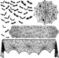 ZeeDix 39 Pcs Halloween Decorations Kit Black Lace Spiderweb Round Tablecloth Table Runner, Giant Spider Cobweb Fireplace Scarf with 36PCS Scary 3D Bats Wall Stickers for Halloween Party Decor-Ruum Studio Home