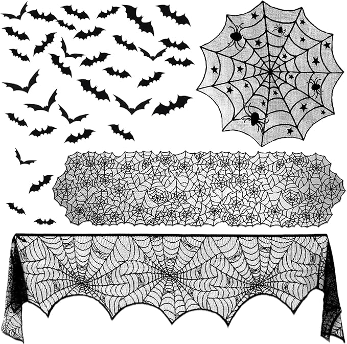 ZeeDix 39 Pcs Halloween Decorations Kit Black Lace Spiderweb Round Tablecloth Table Runner, Giant Spider Cobweb Fireplace Scarf with 36PCS Scary 3D Bats Wall Stickers for Halloween Party Decor-Ruum Studio Home