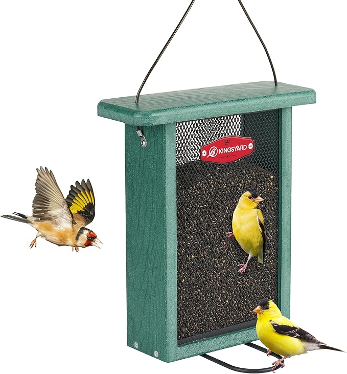 Kingsyard Metal Mesh Bird Feeder for Outdoors Hanging, Finch Feeder for Nyjer/Thistle, Sliding Mesh & Built-in Perch, Recycled Plastic, Green-Ruum Studio Home