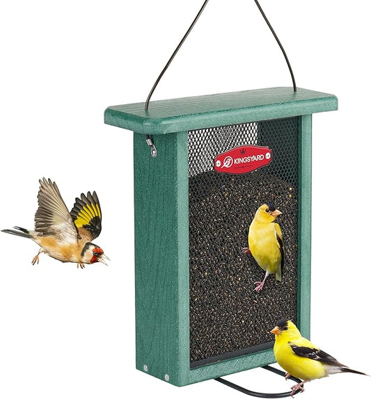 Kingsyard Metal Mesh Bird Feeder for Outdoors Hanging, Finch Feeder for Nyjer/Thistle, Sliding Mesh & Built-in Perch, Recycled Plastic, Green-Ruum Studio Home