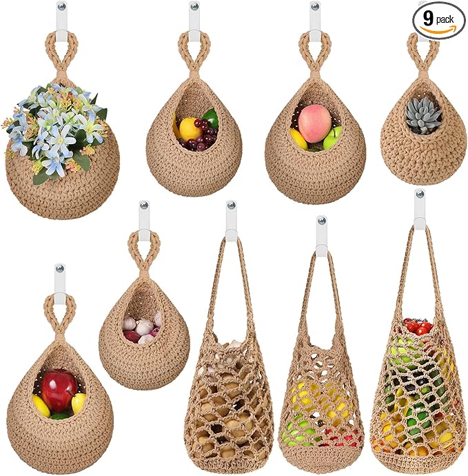 AARAINBOW Boho Wall Hanging Baskets for Kitchen Storage, Fruit Woven Wall Basket 9 Pcs, Hanging Vegetable and Onion Storage with 24 Hooks （Brown）-Ruum Studio Home