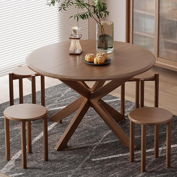 Stackable Stools Set of 4, Wooden Stool 18 Inch Stool Stackable Side Tables Nesting Table Sturdy and Durable, No Installation Required for End Table,Top Stackable Round Stools (Walnut Mobile)-Ruum Studio Home