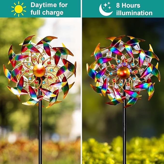 Solar Wind Spinners for Yard and Garden - 360° Metal Large Wind Sculptures Outdoor Clearance Kinetic Windmills with 4 Layer Jeweled Blades for Patio, Lawn Garden Decoration - 54Inch-Ruum Studio Home