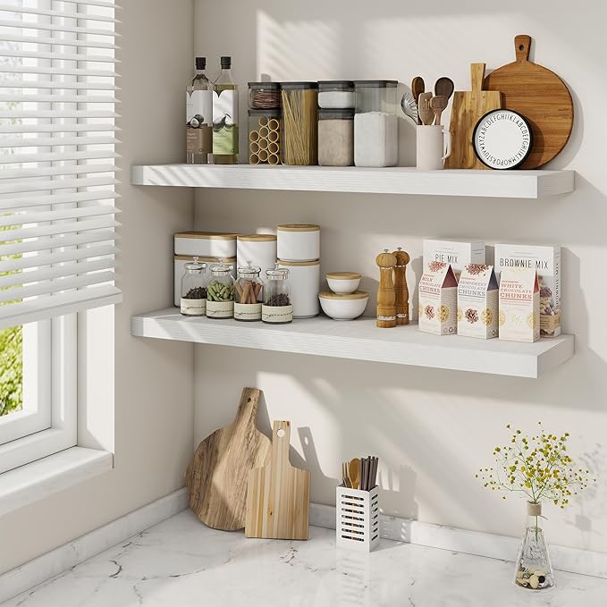 36 Inch Floating Shelves, 9.3 Inch Deep Rustic Wall Shelves - Extra Deeper Wall Mounted Storage Shelves for Bathroom, Kitchen, Living Room (White, Set of 2)-Ruum Studio Home