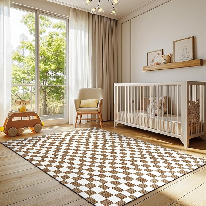 jinchan 6x9 Brown Checkered Area Rugs for Kids Room - Machine Washable Rug Modern Neutral Geometric Lattice Soft Non-Slip Carpet for Nursery Playroom Classroom Living Room Bedroom Home Office-Ruum Studio Home
