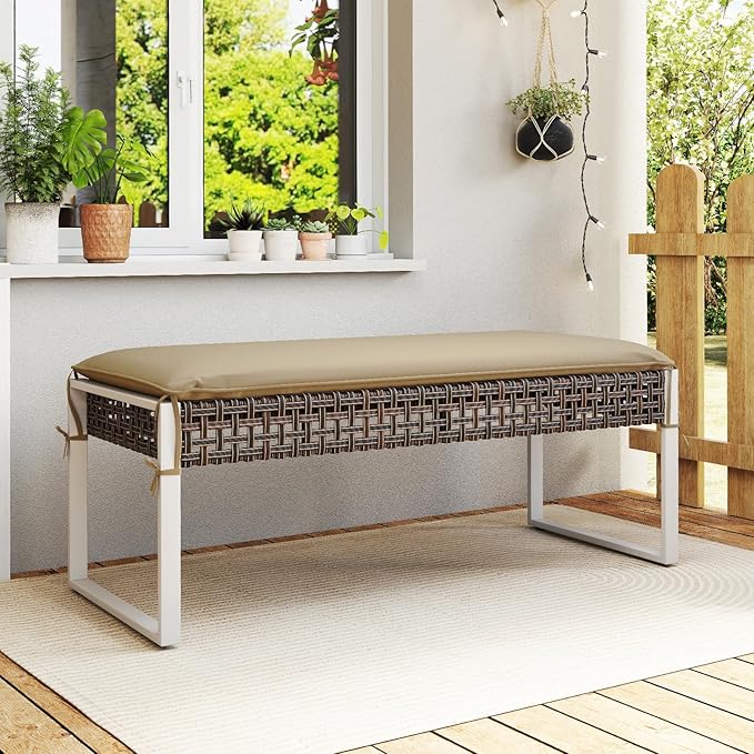 Tangkulka Outdoor Ottoman, Patio Rattan Heavy Duty Wicker Footrest with Soft Cushion & Metal Frame, Extra Seating, for Porch, Backyard, Lawn and Poolside (1)-Ruum Studio Home