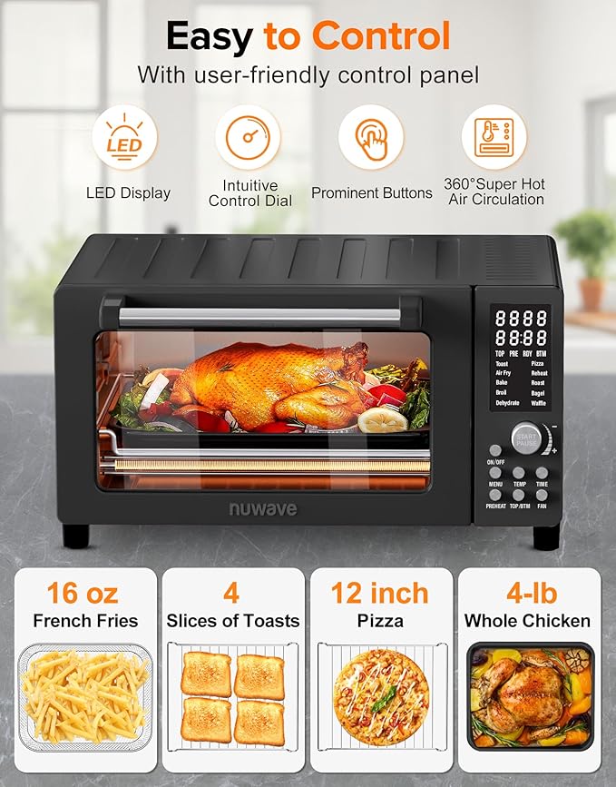 Nuwave Bravo Pro Smart Air Fryer Toaster Oven Combo, Airfryer Convection Oven Countertop, 12-in-1 Functions with Quicker & Even Crisp Technology, 1800W, 50-450°F, PFAS-Free, 21QT, Black-Ruum Studio Home