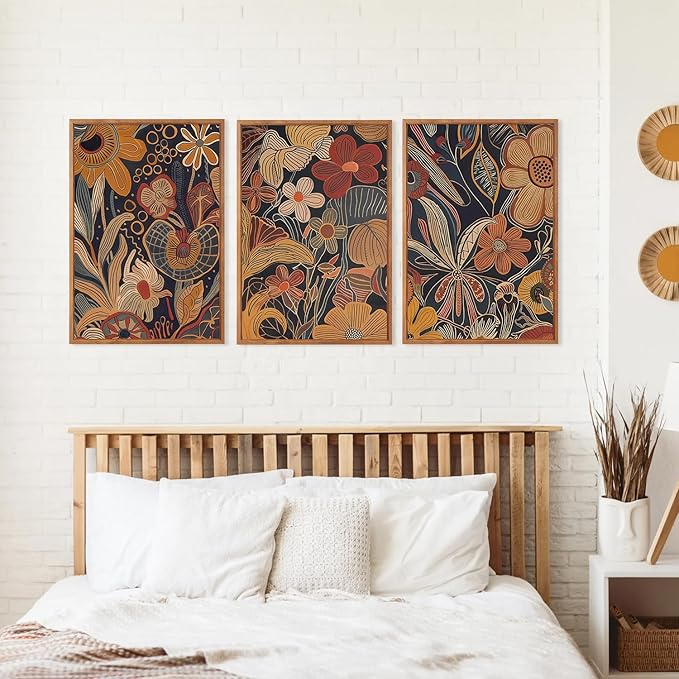 Aurlan Burnt Orange Wildflowers Botanical Wall Art Set(16"x24"), 3 Pieces Abstract Floral Blossom Framed Canvas Artwork, Large Mid Century Modern Boho Nature Wall Decor for Office Bedroom Living Room-Ruum Studio Home