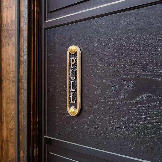 PULL Brass Door Sign. Traditional Style Home Décor Wall Plaque Handmade By The Metal Foundry UK.-Ruum Studio Home