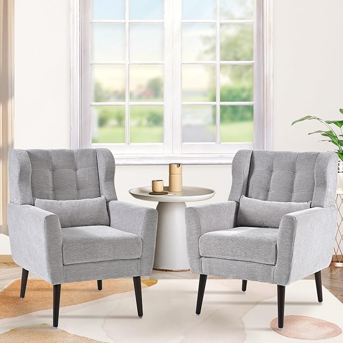 Accent Chair Set of 2, Upholstered Armchair with Pillow, Fabric Single Sofa Chair with Lounge Seat and Wood Legs Accent Chair for Living Room Small Spaces (Grey, Set of 2)-Ruum Studio Home