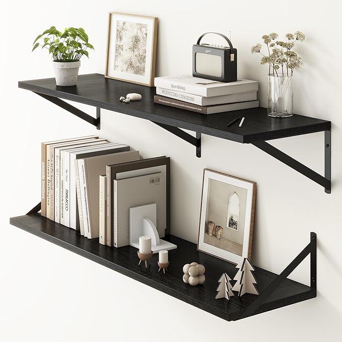 Fun Memories 40 Inch Floating Shelves, 10 Inch Deep Wall Shelf, 40 x 10 Floating Shelf Set of 2, Black Wood Floating Shelf Wall Mounted, Large Kitchen Living Room Bedroom Storage Shelves-Ruum Studio Home