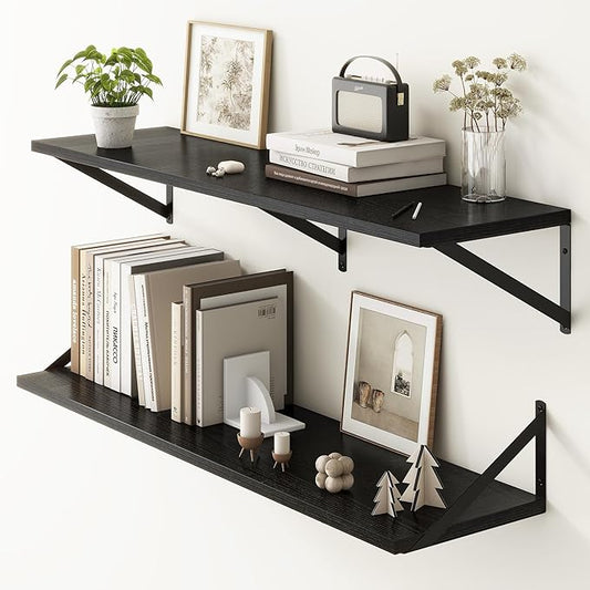 Fun Memories 40 Inch Floating Shelves, 10 Inch Deep Wall Shelf, 40 x 10 Floating Shelf Set of 2, Black Wood Floating Shelf Wall Mounted, Large Kitchen Living Room Bedroom Storage Shelves-Ruum Studio Home