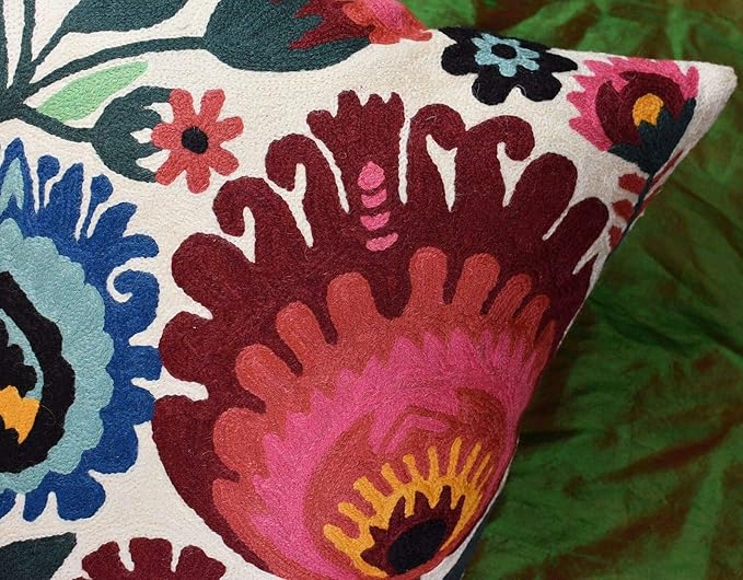 Polish Floral Decorative Pillow Cover Hand Embroidered Cream Flower Pillowcase White Botanical Traditional Outdoor Cushion Suzani Chair Pillowsham Couch Wool 18x18 Inch-Ruum Studio Home