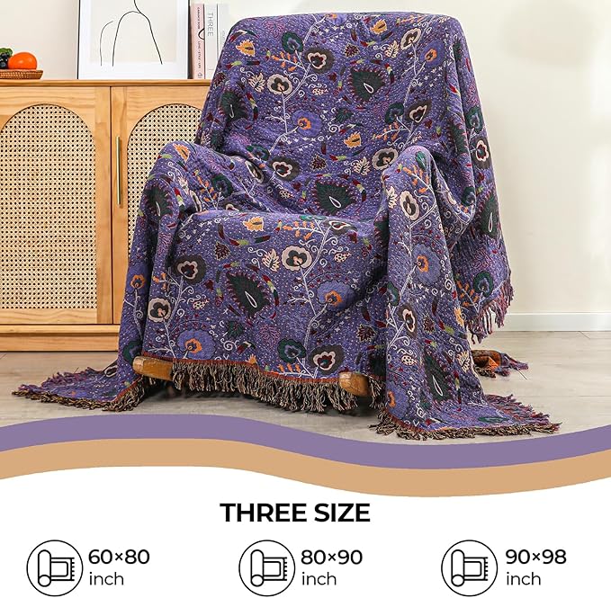 Boho Fall Throw Blanket for Bed Purple Flowers，100% Ultra Cotton Soft Breathable Bed Throw Floral Printed Farmhouse Decor Rustic Bed Throws for Couch Sofa Quilt 90" x 98"-Ruum Studio Home