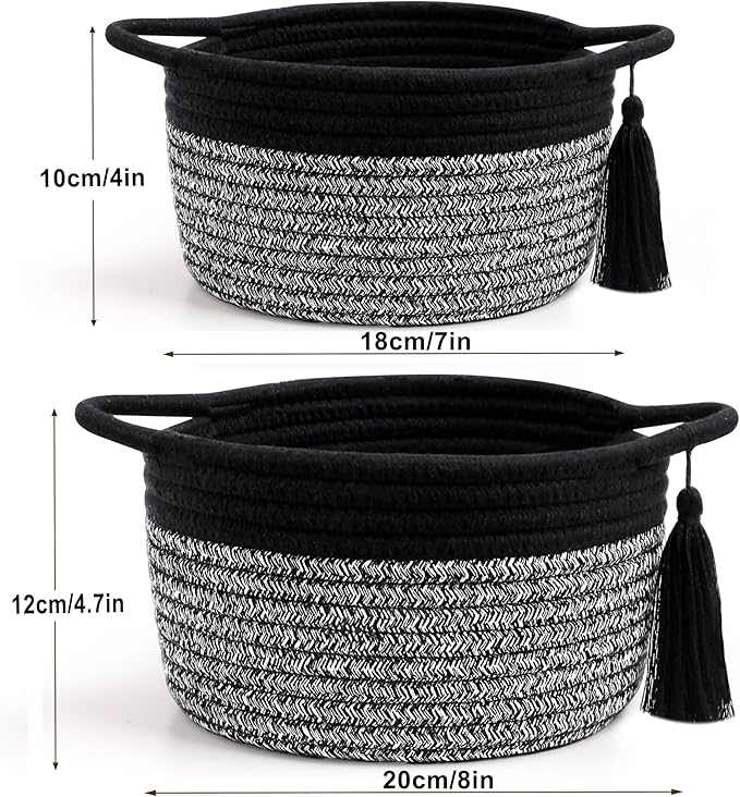 Empty Gift Basket Mini Woven Rope Organizer Baskets for Baby Shower, Vanity, Makeup Brushes, Bathroom, Shelves, Desk - Small Decorative Storage Bins - Set of 2, Pre-Shaped, Black Grey-Ruum Studio Home
