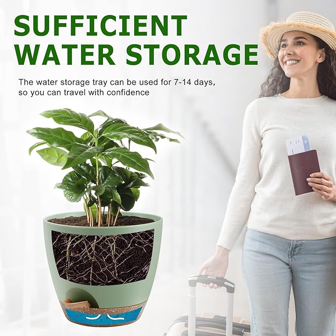 Plant Pots 10/9/8/7.5/7 Inch Self Watering Pots, Set of 5 Plastic Planters with Drainage Holes and Saucers,Plastic Flower Pots,Nursery Planting Pot for Indoor Out Door Plants（Green）-Ruum Studio Home