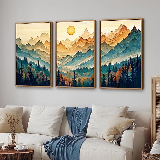 Tinonedraw Large Mountain Framed Canvas Wall Art Set of 3, Boho Nature Forest Wall Decor, Neutral Wooden Pine Trees Artwork, Sunrise Ridge Landscape Art Printing for Living Room Bedroom Office 16"x24"-Ruum Studio Home