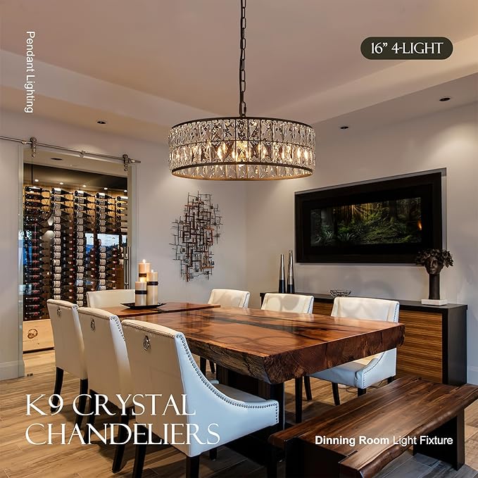 16” 4-Light Modern Crystal Chandeliers Black Dinning Room Light Fixture, Round Pendant Light Kitchen Island Chandelier, Flush Mount Ceiling Light for Living Room Entryway Bedroom Foyer-Ruum Studio Home