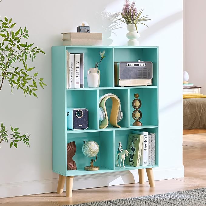 LEYAOYAO 7 Cube Bookshelf 3-Tier Bookcase with Legs, Mint-Green Kids Book Shelf Cute Storage Organizer, Toy Shelves Bookshelves,Wood Display Bookcases-Ruum Studio Home