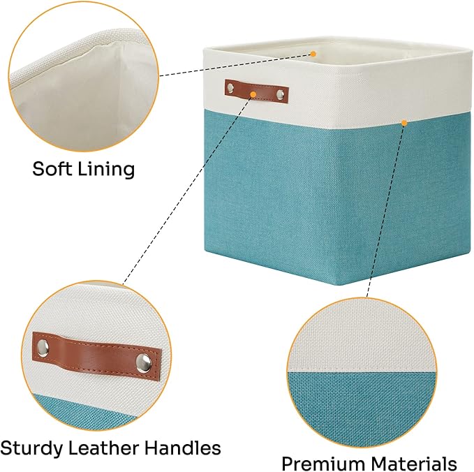 DULLEMELO Storage Bins for Organizing,Closet Storage Baskets for Gift Empty,Large Linen Canvas Storage Bins with Handles for Home Office Toys Shelves(White&Teal, 13 inch Cube)-Ruum Studio Home