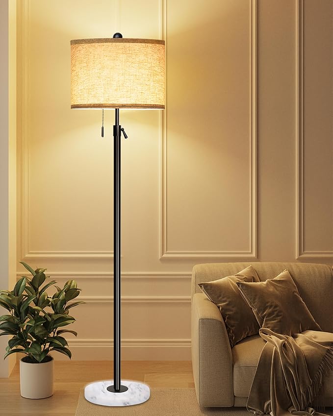 Floor Lamp for Living Room - Adjustable Height Standing Lamp with Marble Base & Linen Shade - Tall Pole Floor Light with 3 Color Temperatures Bulb for Bedroom, Reading - Easy Assembly-Ruum Studio Home