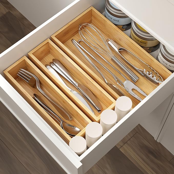 BAMEOS 3-Piece Bamboo Drawer Organizer, Utensil Organizer for Drawer, Junk Drawer Organizer for Kitchen Bathroom, Dressing Room, Office, Pantry (Natural)-Ruum Studio Home