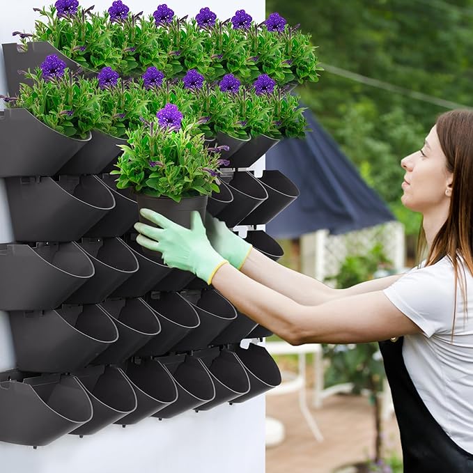 Worth Garden Upgraded 12 Sets (36-Pocket) Self Watering Stackable Vertical Planters - Wall Mounted Plastic Plant Grow Pots fr Strawberries Flowers Herbs - Indoor Outdoor Green Wall Decoration (Black)-Ruum Studio Home