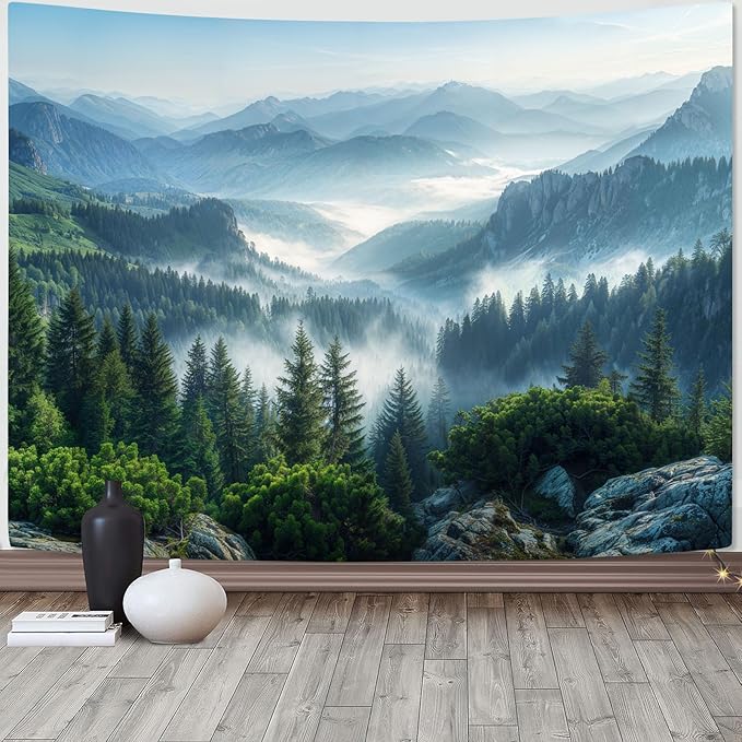 AMM Nature Forest Mountain Tapestry Green Misty Pine Tree Tapestry for Bedroom Aesthetic Foggy Woodlands Sky Landscape Tapestries Wall Hanging for Living Room Dorm 90 x 68 Inch-Ruum Studio Home
