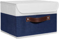 ANMINY Storage Boxes with Lids Washable Decorative Storage Bins Basket with PU Leather Handle Foldable Linen Fabric Storage Cubes Containers for Home Closet Organizer - Deep Blue White, Small Size-Ruum Studio Home
