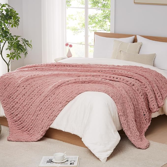 L'AGRATY Chunky Knit Blanket Throw - Soft Chunky Throw Blanket 50x60: 100% Hand Kintted Chenile Crochet Throw Blanket for Couch - Large Cable Knit Chunky Blanket for Home Decor(Rose Pink)-Ruum Studio Home