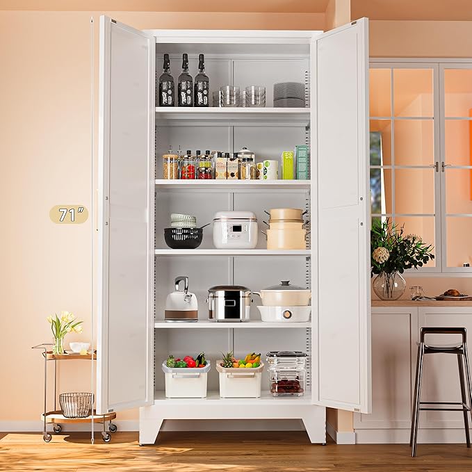 71'' Farmhouse Metal Storage Cabinet with Barn Doors,Steel File Cabinet for Home Office,Kitchen Pantry 4 Adjustable Shelves,Freestanding Cupboard for Kitchen,for Home Office,School (White)-Ruum Studio Home
