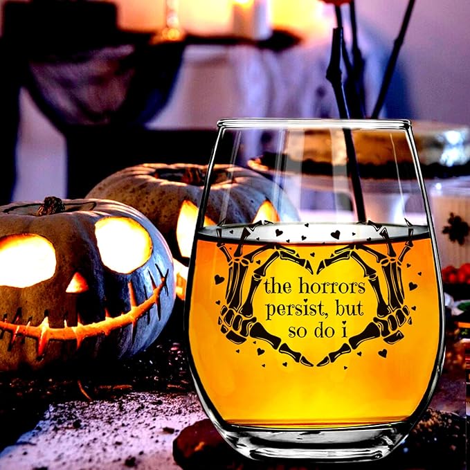 The Horrors Persist But So Do I Wine Glass,Skeleton Heart Hands,Funny Halloween&Valentine's Day Wine Glass,15oz-Ruum Studio Home