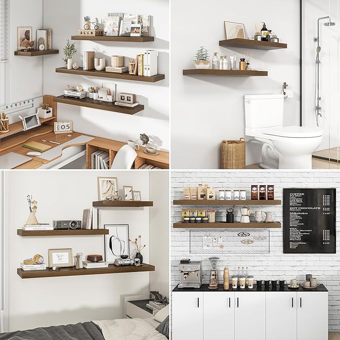 RICHFOCUS 55Inch Floating Shelves for Wall 2 Pack Shelves for Bedroom|Kitchen|Bathroom Wall Mounted Rustic Wood Floating Shelf with Invisible Brackets for Books|Storage|Decor, Walnut-Ruum Studio Home