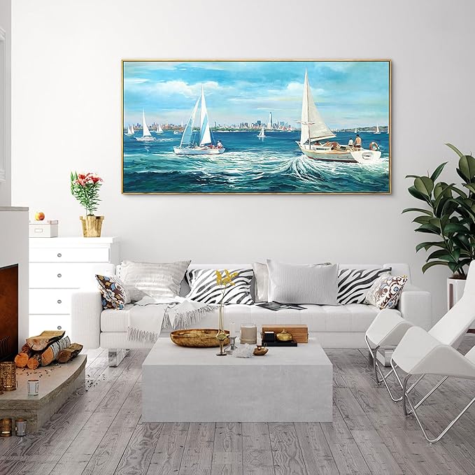 XLSJERST Blue Canvas Wall Art Seascape Painting - Landscape Picture Textured Navy Modern Sailboat Ocean Artwork Framed for Living Room Bedroom Bathroom Home Office Wall Decor Large Size 20"x40"-Ruum Studio Home