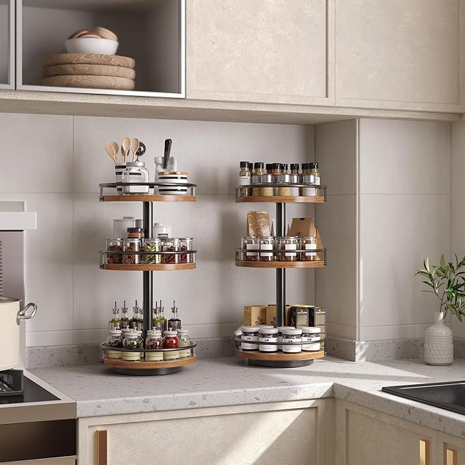 HOOBRO 3-Tier Lazy Susan Organizer, Rotating Spice Rack, Turntable Spice Rack, Vertical Storage Organizer, for Kitchen Countertop, Vanity, Dining Table, Rustic Brown and Black BF09TL01-Ruum Studio Home