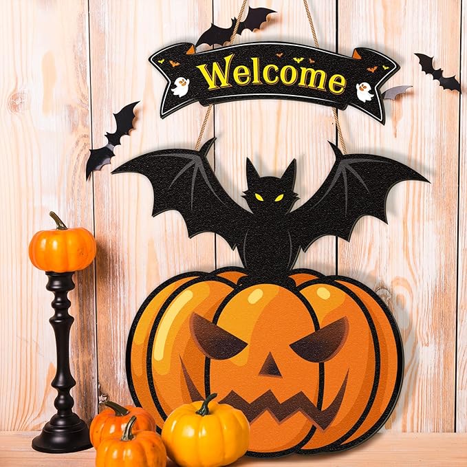 Halloween Door Wreath,Halloween Wall Decorations Wooden Black Bats Pumpkin Halloween Wreaths for Front Door, Halloween Door Decorations Indoor Outdoor Sign-Ruum Studio Home