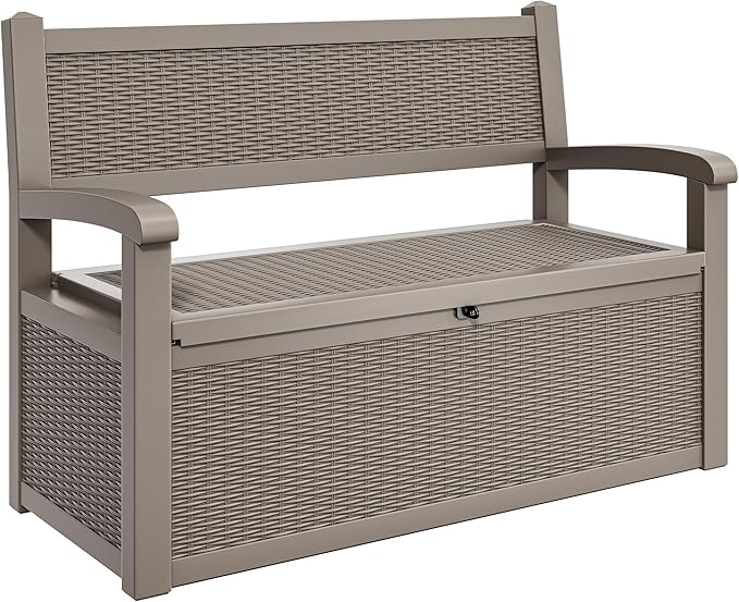 YITAHOME 70 Gallon Storage Bench Deck Box, Lockable Patio Bench, Waterproof Outdoor Pool Deck Storage for Patio Cushions, Garden Tools and Pool Supplies, Light Brown-Ruum Studio Home