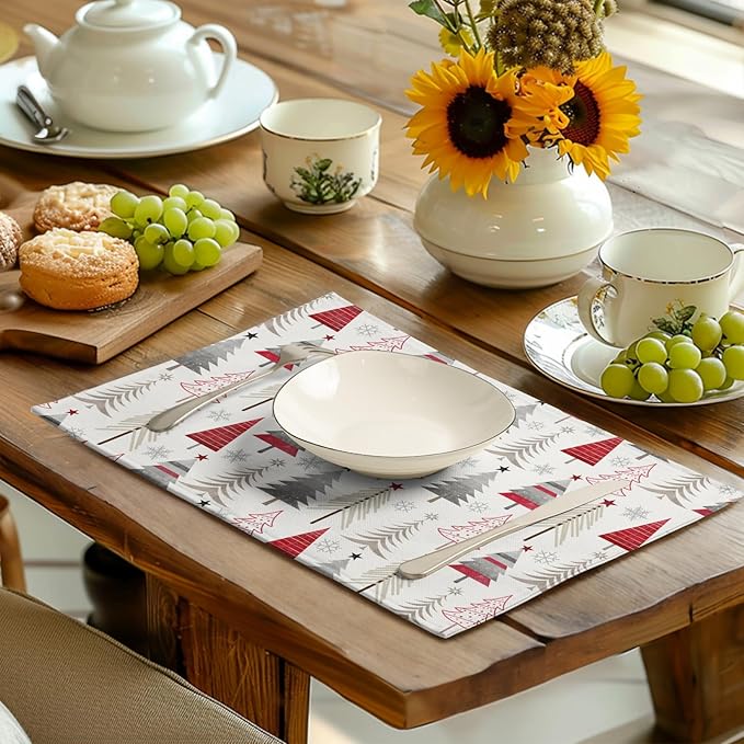 Christmas Tree Placemats Set of 4 Geometric Colorful Xmas Place Mats 12x18 Inch Seasonal Winter Holiday Farmhouse Washable Linen Table Mat for Party Kitchen Dining Decoration-Ruum Studio Home
