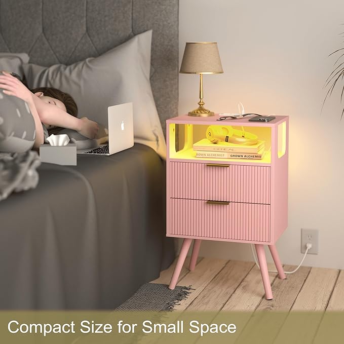 Pink Nightstand with Charging Station and LED Lights,Modern Bedside Table with 2 Storage Drawer and Open Wood Shelf, for Bedroom and Small Spaces,Night Stand with Solid Wood Legs,Pink-Ruum Studio Home
